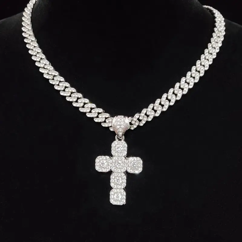 Fashion Cross Design Pendant Fully Rhinestone-Decorated Decorative Accessory Necklace, Unisex Casual Jewelry for Party and Daily Wear