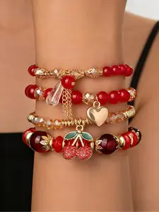 Red & Gold Charm Bracelets Set, Stackable Bracelet, Sweet Retro Jewelry with Cherry, Heart & Crystal Charms for Women's Daily & Party Wear, Stacked Design Bracelets