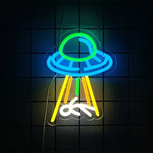 UFO Neon Sign For Room Alien  Neon Light Spaceship  Space Neon Signs for Wall Decor Blue UFO Neon Light Up Sign for Bedroom Game Room Wall Decor Ufo Lovers Alien Theme Playful Glowing