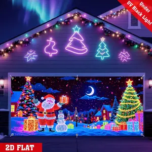 1 Christmas Garage Door Cover Banner, UV-Activated, Glows In The Dark Features Oversized Polyester Decorations Of Santa Delivering Gifts, Christmas Trees, And Snowmen Ideal For Outdoor/Indoor Parties, Festive Wall Hangings, Party Decoration Supplies