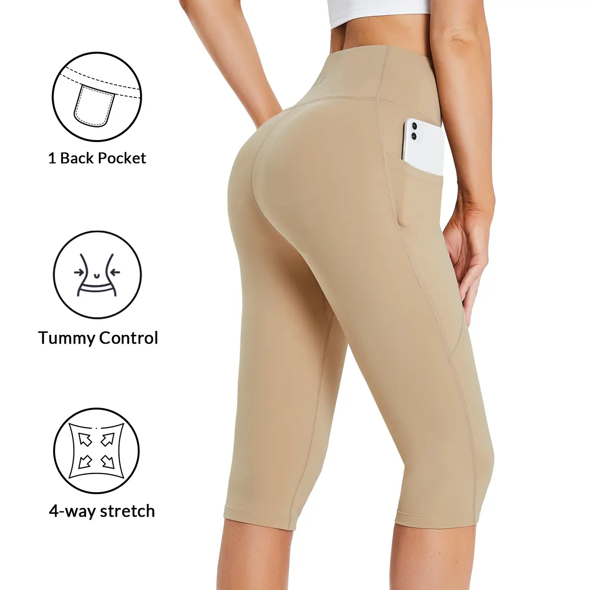 Baleaf Women's 14'' Inseam Knee-Length Capri Leggings with Pockets, Fitness Pants, Gym Sportswear Bottoms, Leggings Activewear for Casual Summer Yoga
