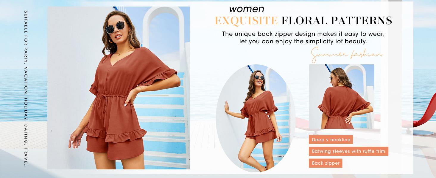Cicy Bell Women's V Neck Beach Romper Ruffle Layered Drawstring Waisted Shorts Jumpsuit Soft Stretchy Material Boho Holiday Dress