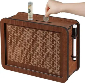 Wooden Penny Bank with Grid，Save up to $10,000,Wooden Cash Saving Box,Money Storage Organizer , Handcrafted Money Jar,Eco-friendly box made of wood money saving box Decor
