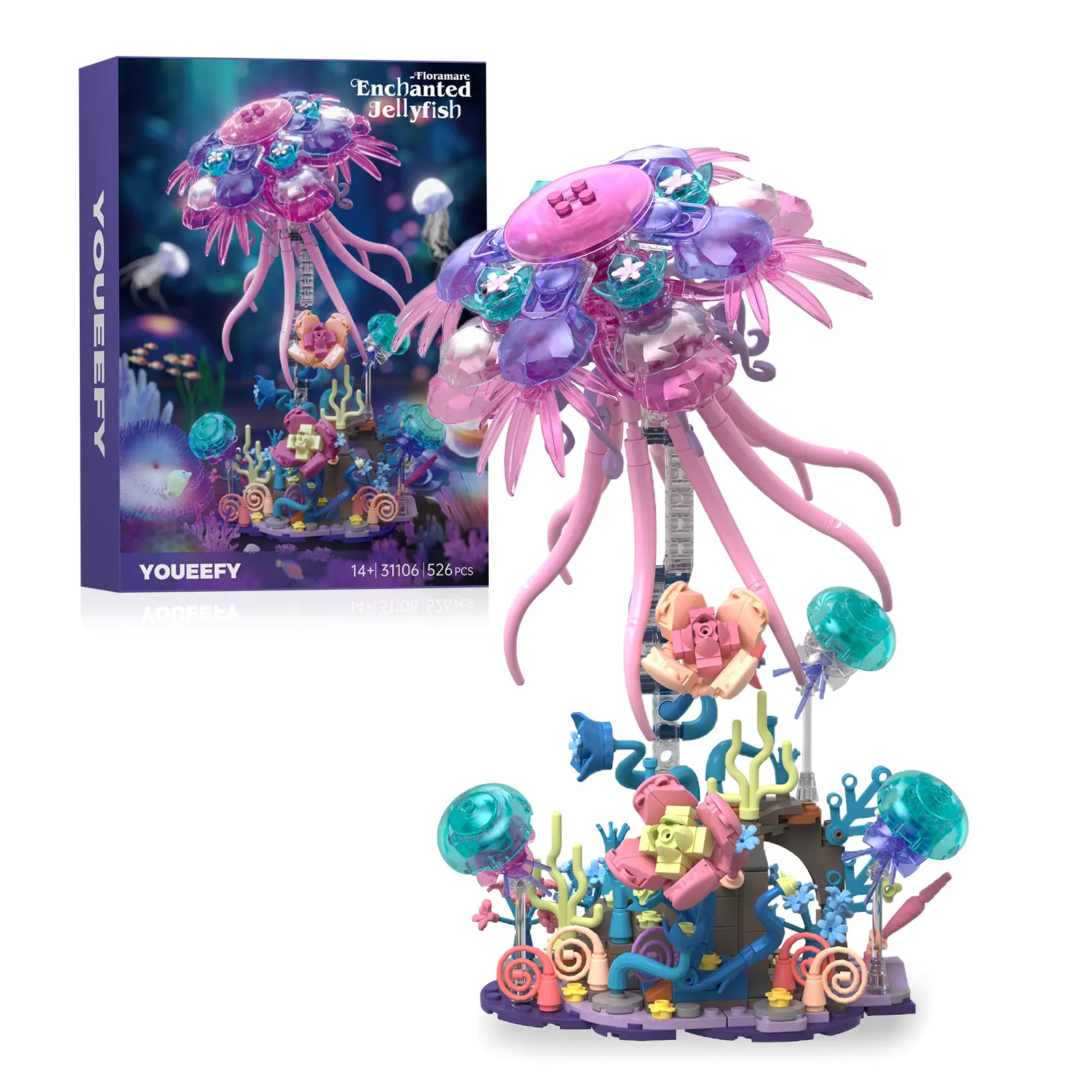 Enchanted Jellyfish Building Block Set with Flowers, Ocean Animal Hobbies Kit for Adults, Home & Office Decor, Creative Christmas Gift for 14+ Boys Girls, Hobbies Kit Adults