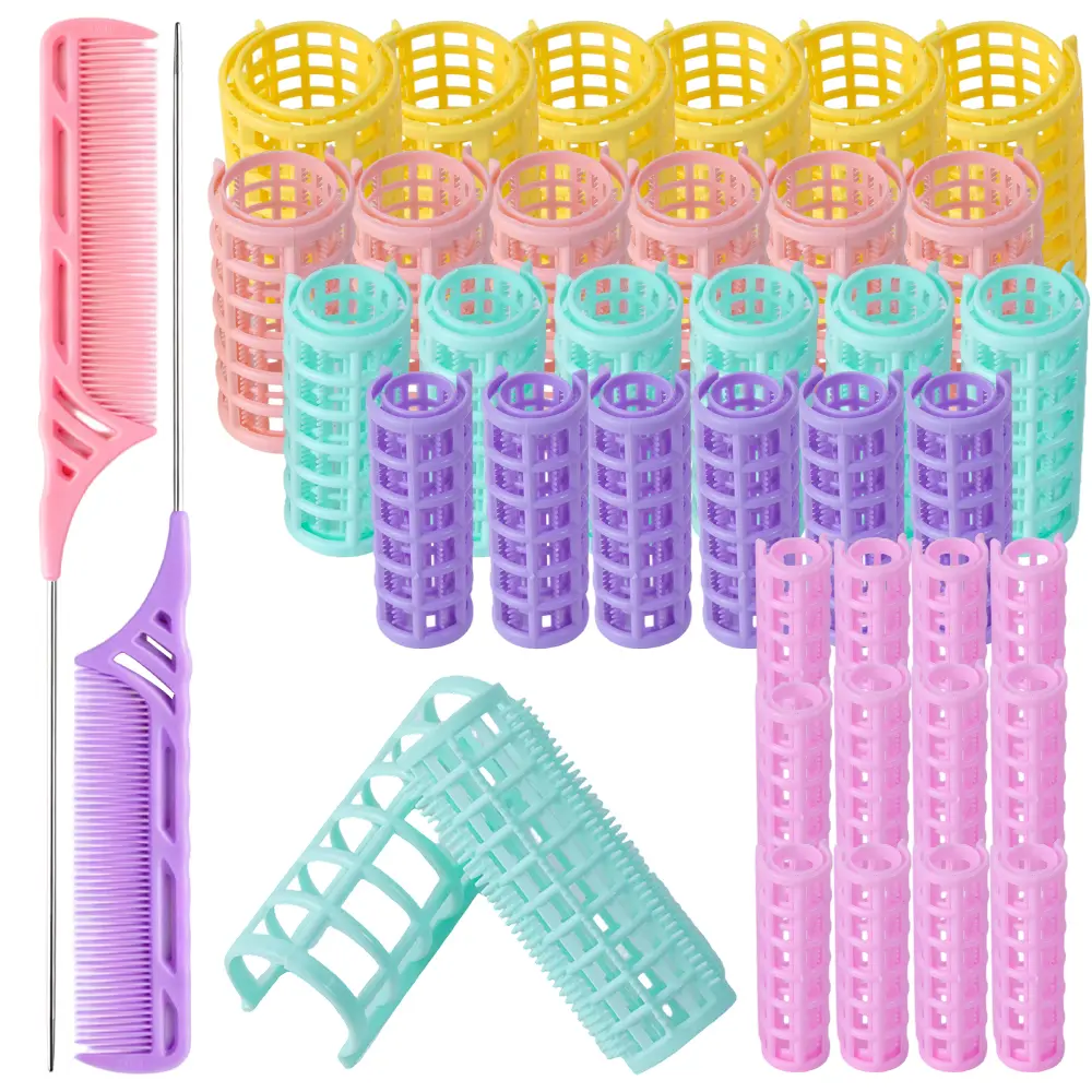 38pcs Plastic Hair Rollers With Steel Pintail Combs | Multisizes Self Grip, No Heat Salon Styling Tools, Bright Color Design, Compact Styling Tools, Suitable For Long, Medium, Short, Thick, And Thin Hair