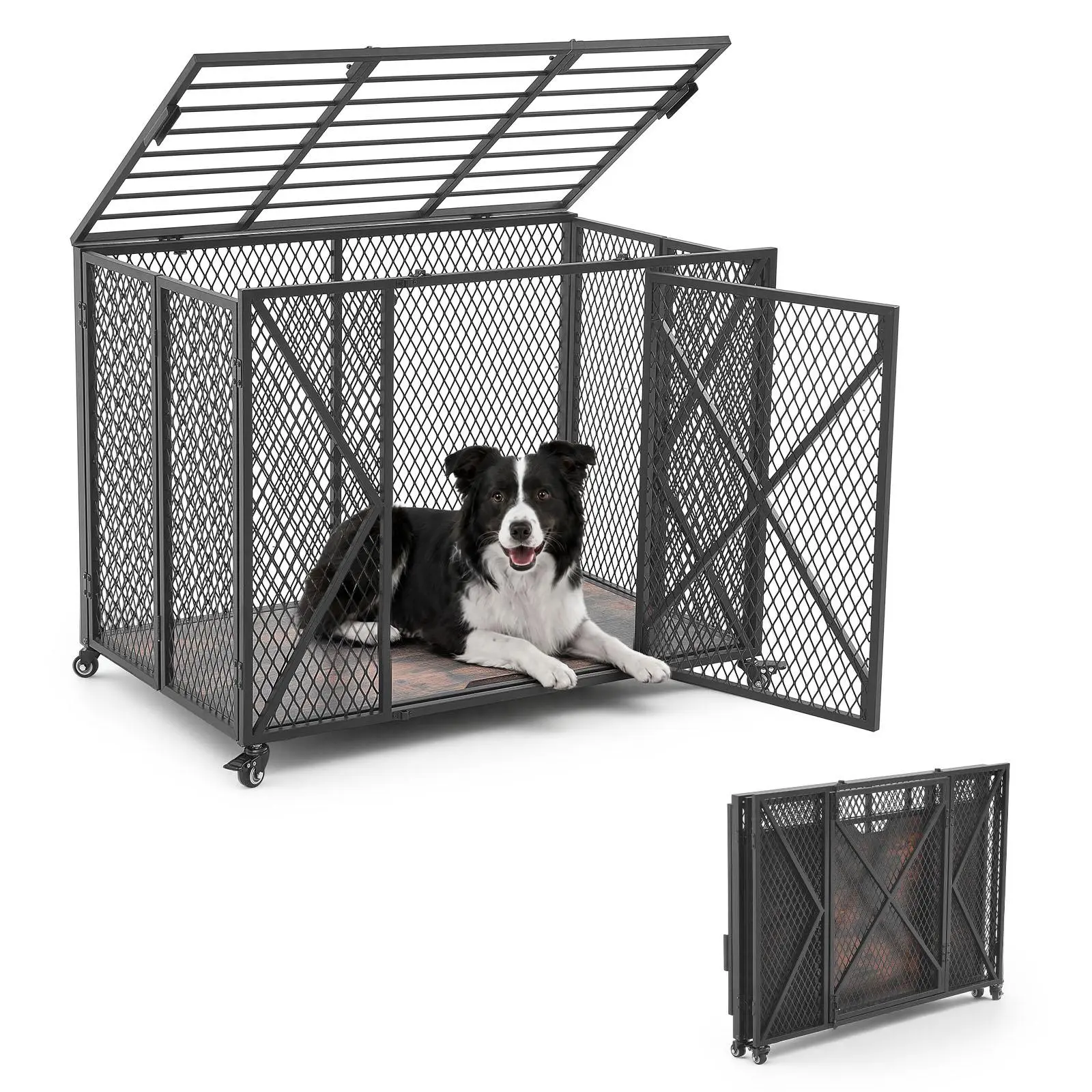 【SummerFinds】VEVOR 38in Heavy-Duty Collapsible Dog Crate, 250lbs Max Load, Corrosion-Resistant Steel Pet Cage with Double Doors, Lockable Wheels, Quick Assembly & User-Friendly Design for High-Anxiety Medium Breeds Indoor Use