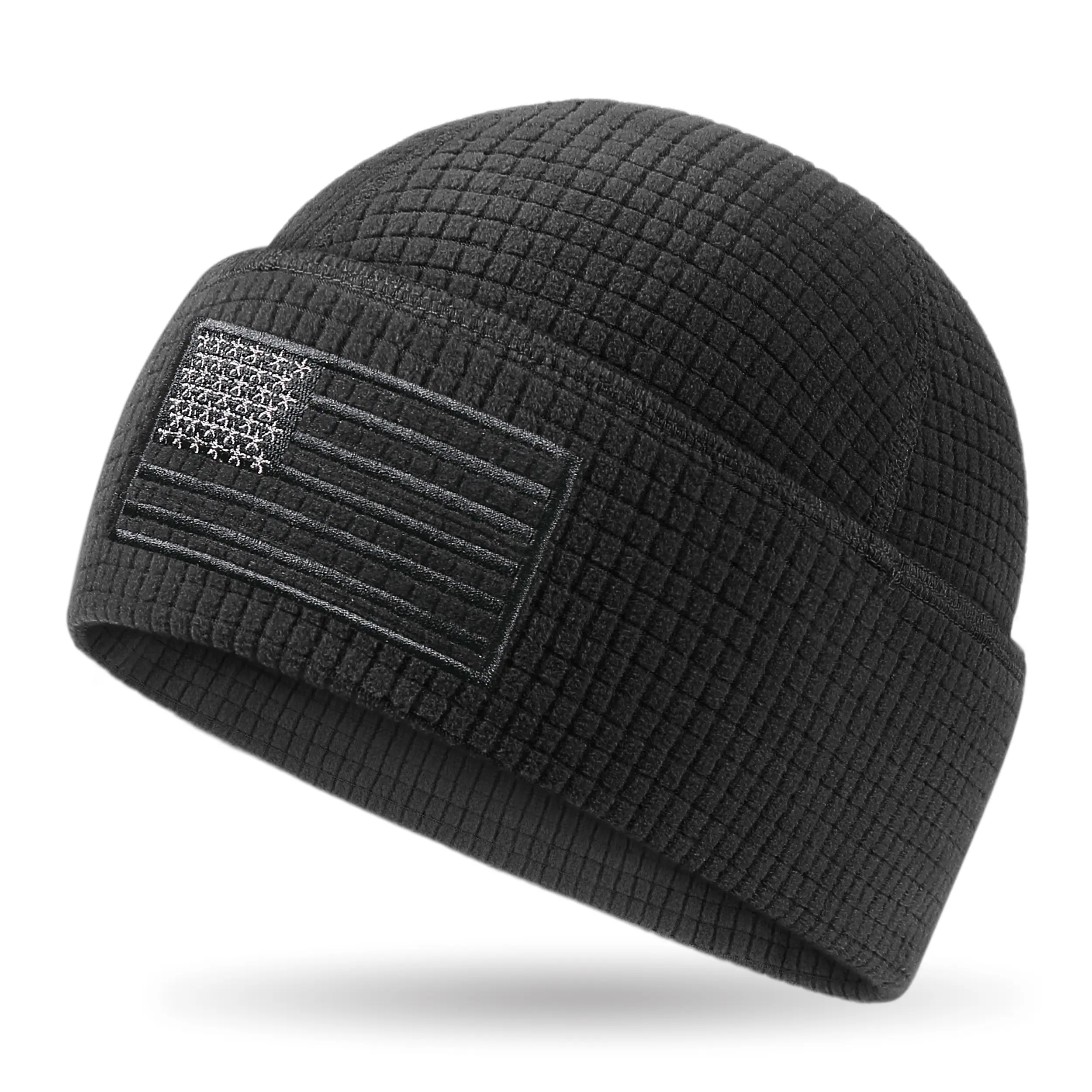 OUTDOOR SHAPING Men's Tactical Grid Fleece Embroidered Beanie - American Flag Embroidery, Lightweight, Moisture-Wicking, 10in Wide, 22-23.625in Head Circumference, 6.25in High, Recyclable for Hunting, Kayaking, Embroidered Beanies, Patriot Embroidery, 4-W