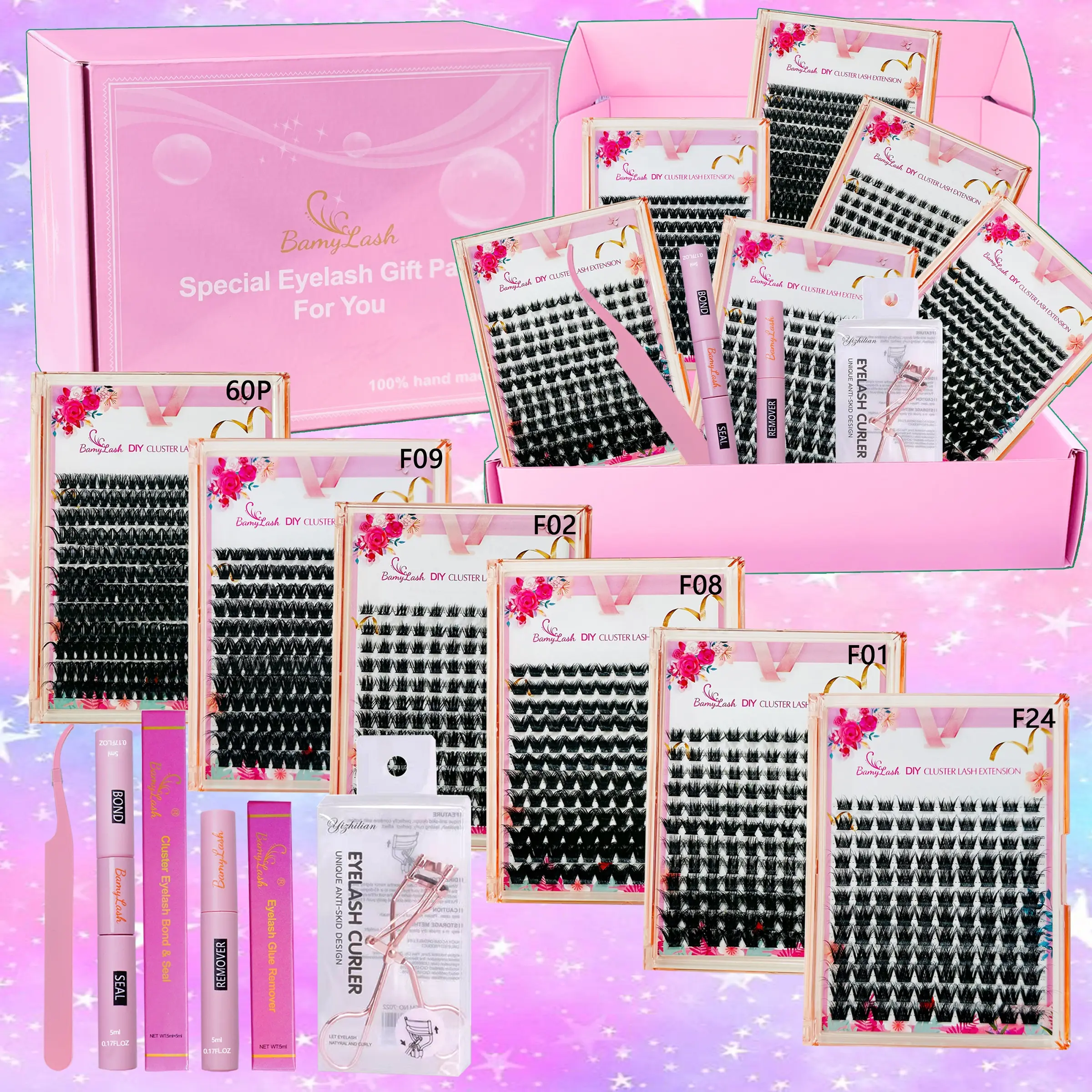 6 Boxes 6 Style 3D Volume D Curl Eyelashes Cluster Lashes Kit, 6 Trays Mixed Length Eyelash Set With Lash Bond&Seal Lash Remover Lash Curler Tweezer For DIY Use At Home, Diy Eyelash Extensions, Diy Eyelash Clusters, Eyelash Gift Pack for Christmas
