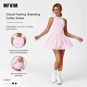 Women's High Neck Tennis Dress Sleeveless Wrap Dress Built-in Shorts Golf Sports Dress Workout Jumpsuit