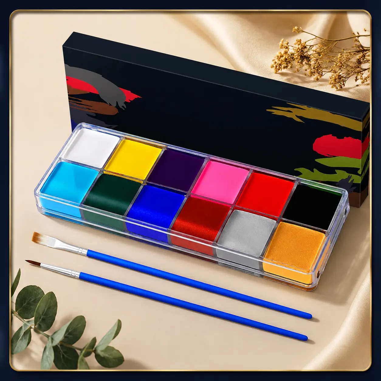 Non-Toxic Split Cake & Oil-Based Face Paint Palette with Stencils, Brushes & Crayons, Professional Water-Activated Body Paint for Cosplay, Halloween, Christmas, Face Painting Kit for Kids & Adults,Parties, Birthdays & School Events