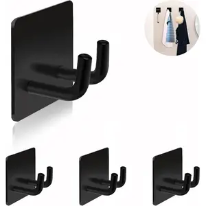 Adhesive Hooks, Stick on Stainless Steel Towel Robe Razor Wall Hooks for Bathroom Kitchen, Sticky Heavy Duty Durable Shower Hangers for Hanging Hat Coat Key Short-Black(4pcs)