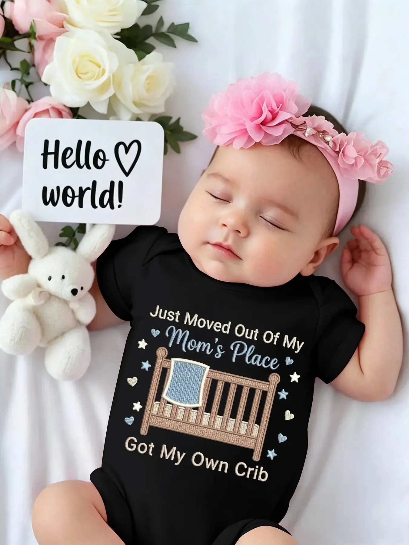 Unisex Newborn Infant Pure Cotton Bodysuit - Short Sleeve, Crew Neck, Funny 'Got My Own Crib' Letter Print, Breathable, Snap Buttons, Hospital Coming Home Layette, Baby Shower Gift