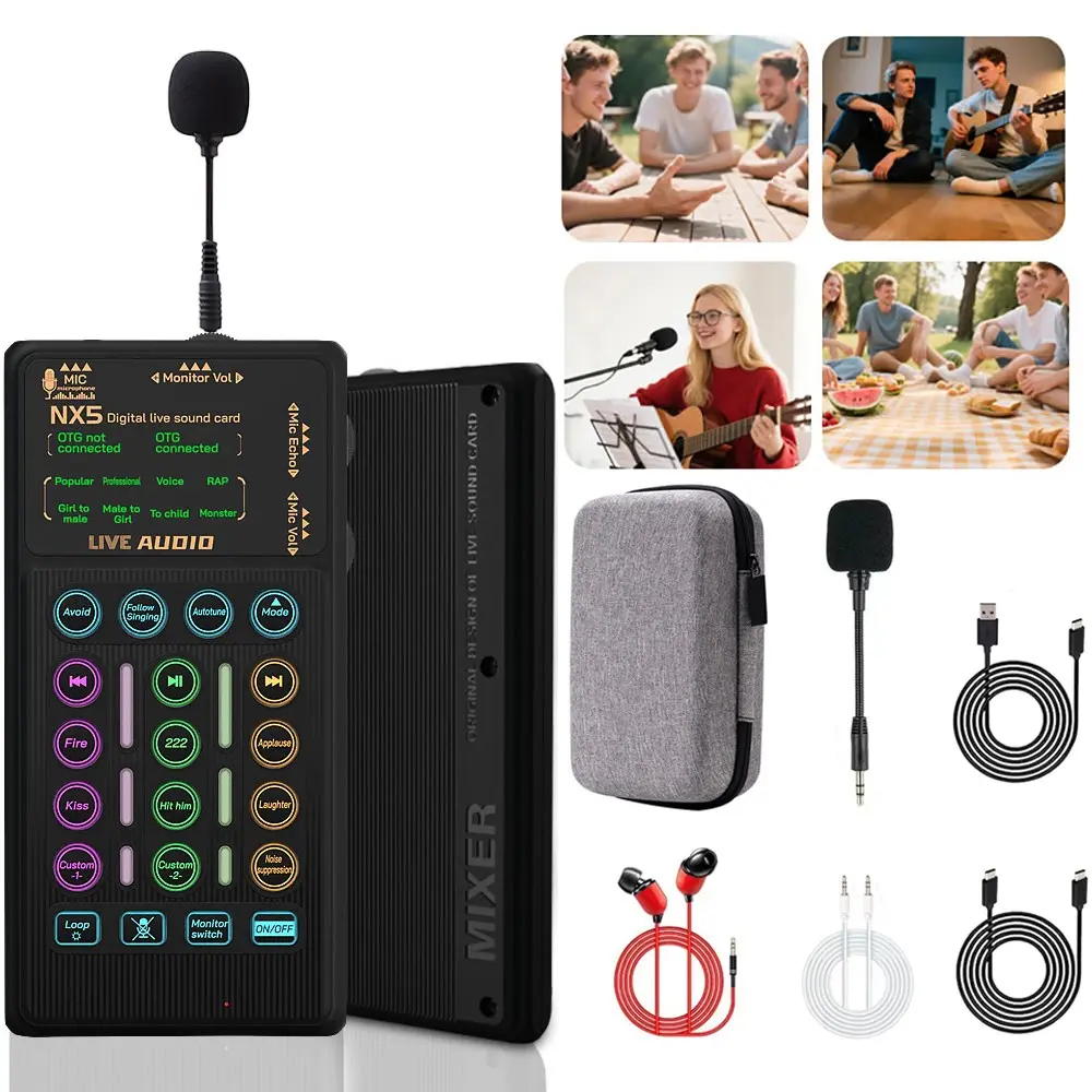 Handheld sound card live broadcast microphone, Live broadcasting equipment, 6 voice changes+6 singing modes, OTG connection, Bluetooth accompaniment+reverberation adjustment, compatible with mobile phones/computers live streaming devices, Wireless, Black