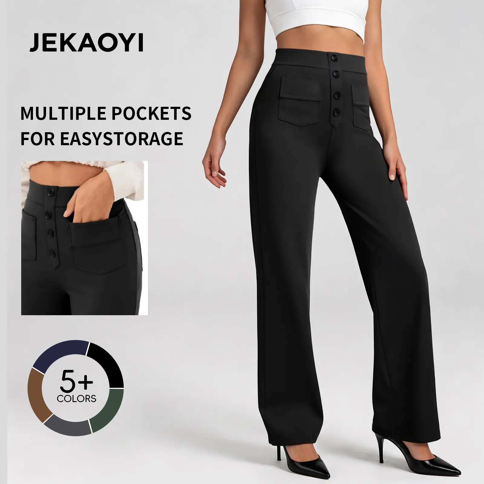 JEKAOYI Women’s Work  High Waisted Tummy Control Office Dress Pants  with Pockets and Decorative Buttons, Business  Slim Fit Stretch Comfort casual Casual Pocket Trousers Black