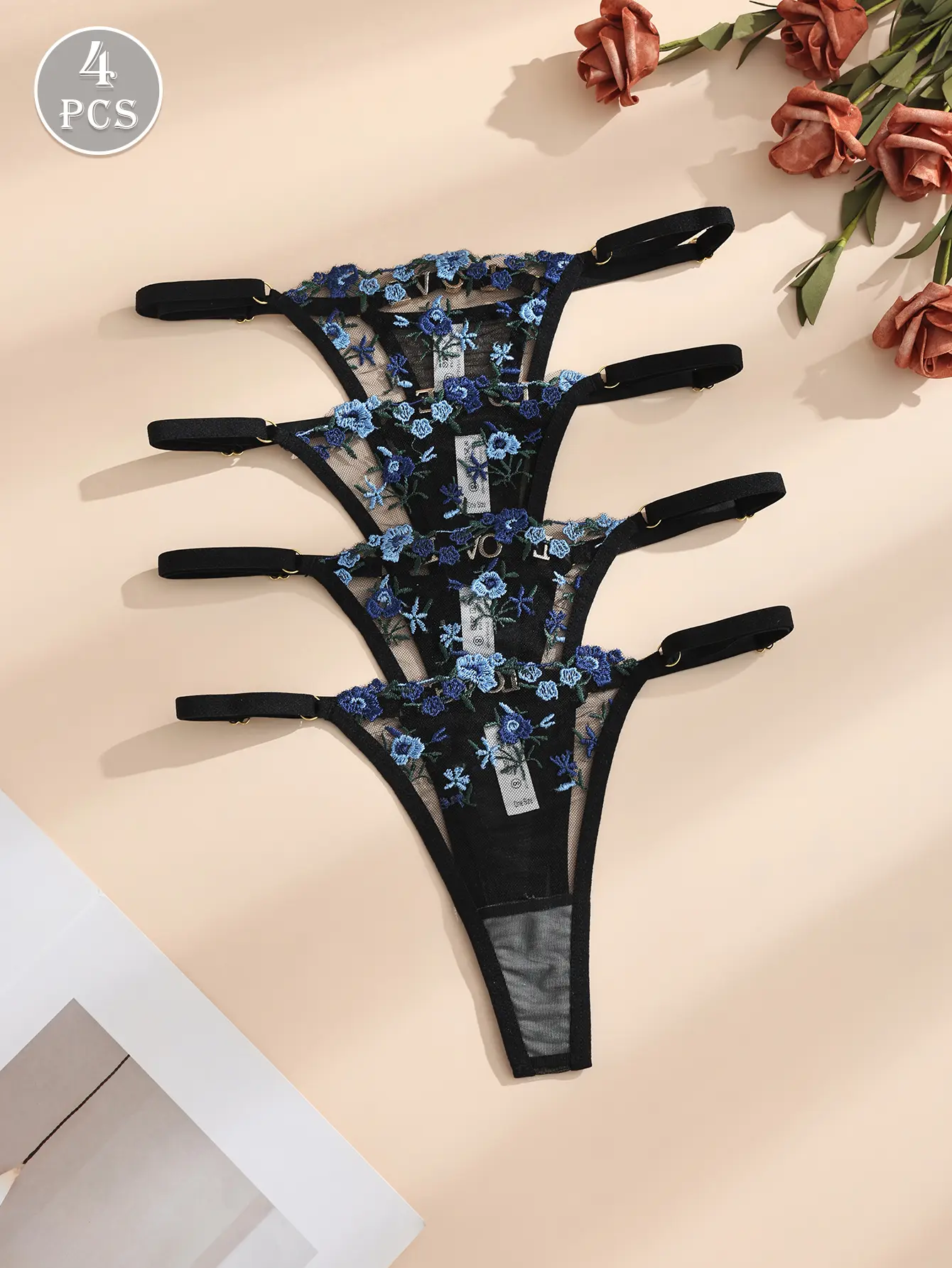 HOTCOM Women's Low Waist Lace Thongs Adjustable Fitted Design Medium Weight Fabric All-Season Wear 4-Pack Panties - Womenswear Everyday Lingerie
