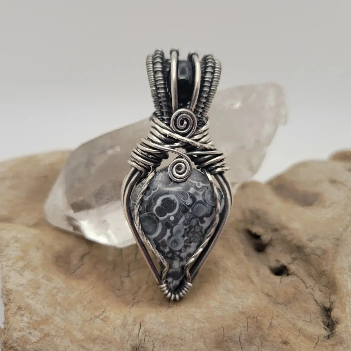 Handcrafted Black Onyx and Galaxy Rhyolite Sterling Silver Pendant Necklace