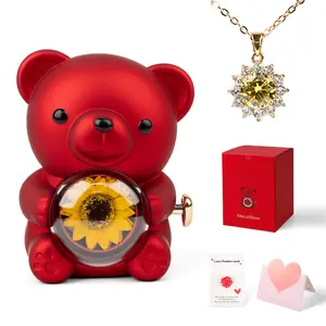Sunflower Bear Design Necklace & Gift Box Set - Red Bear with Sunflower Pendant for  Birthdays, and Romantic Gifts,Fall Gift.