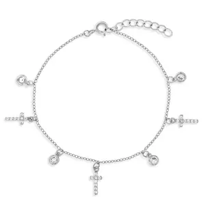 6"-7" Cross Charm & Clear CZ Kids / Teen Bracelet - Sterling Silver