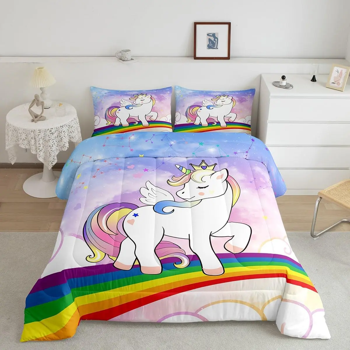 Feelyou Multicolor Comforter Set - 3D Unicorn Print Breathable Microfiber Reversible Stars Quilt, Soft Comfy Blanket, Bedroom Cozy Setup Blanket Gifts for Twin Toddlers