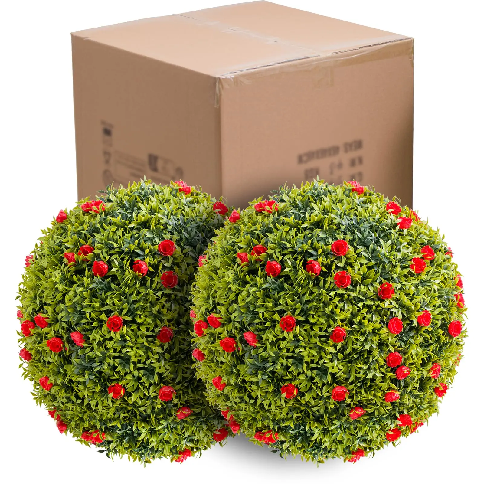 Realistic Artificial Boxwood Topiary Balls Set – Large Faux Greenery Spheres with Flowers – UV Resistant – for Home, Porch, Balcony, Wedding, Housewarming, Christmas