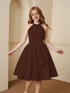 Elegant Girl's Halter Neck Strapless Midi Dress, Waist Cinched Asymmetrical Skirt, Fashionable Princess Dress for Spring Summer, Party Wedding Travel