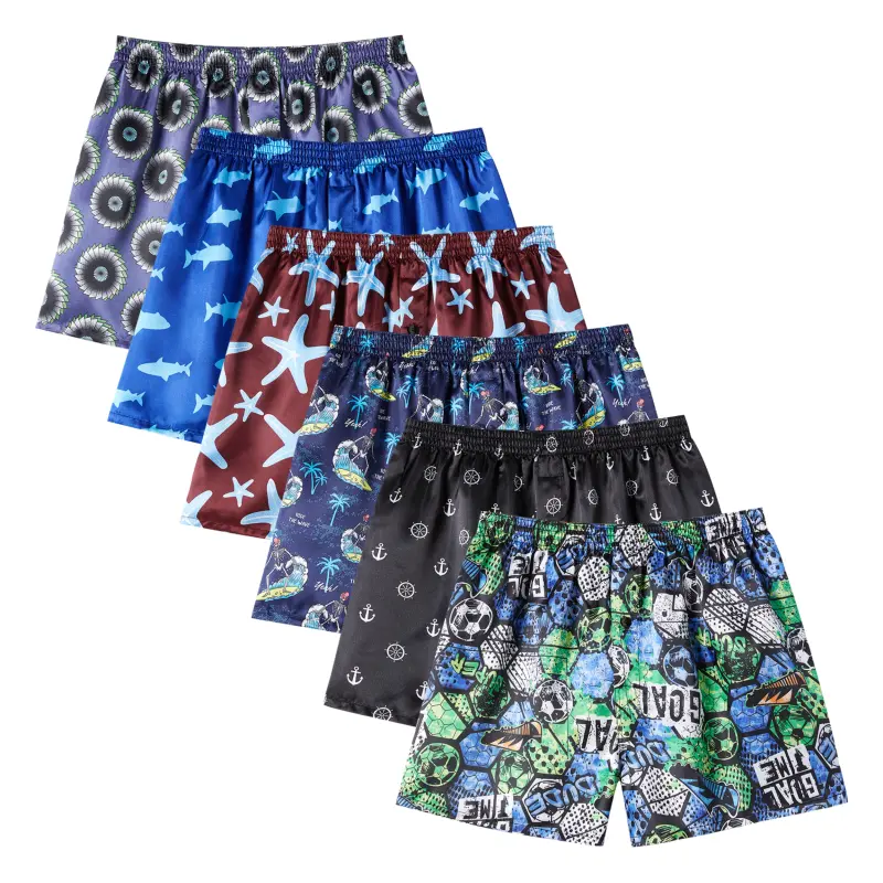 JupiterSecret 6-Pack Men's Printed Satin Boxer Shorts Underwear, Soft Smooth Glossy Fabric, Lightweight Loose Fit, Button Fly and Elastic Waist