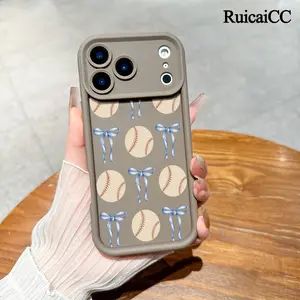 Soft Phone Case for iPhone 17 16 Pro Max 15 Plus 14 13 12 11 Air Ribbon and Baseball Pattern TPU Bumper Camera Lens Protection Rugged Durable Phone Cover Shockproof Protective Casing