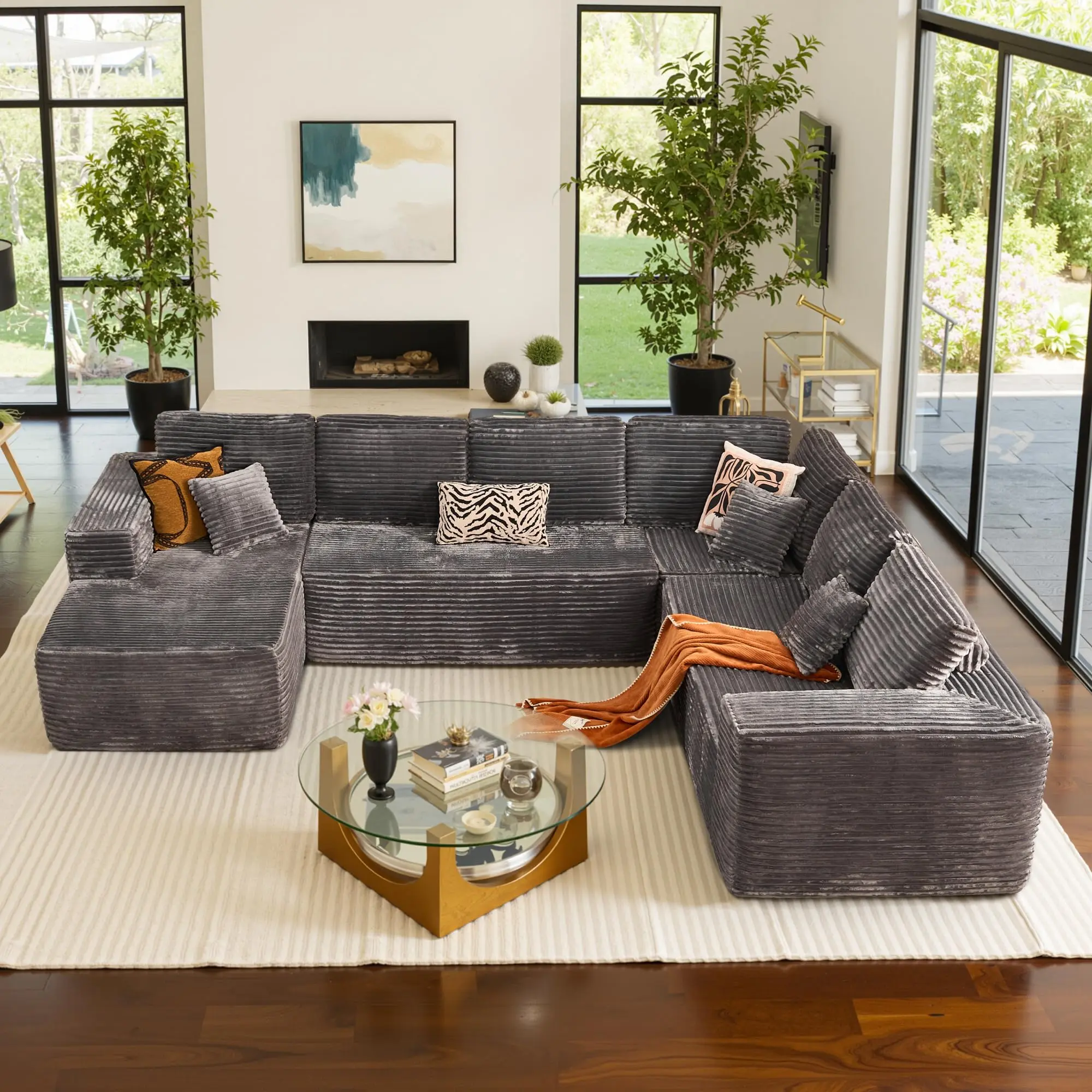 Modular Sectional Couch - Luxury Black Corduroy Couch with Chaise Lounge, Free Combination Sleeper Sofa with Memory Foam, No Assembly Required
