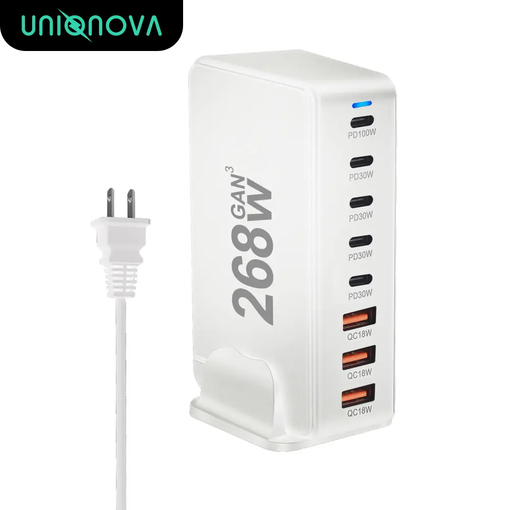 UNIQNOVA 240W/268W 8-Ports GaN III Charging Station (5*USBC+3*USBA) PD TypeC Fast Charger Power Adapter for Laptop MacBook iPad iPhone Android Console
