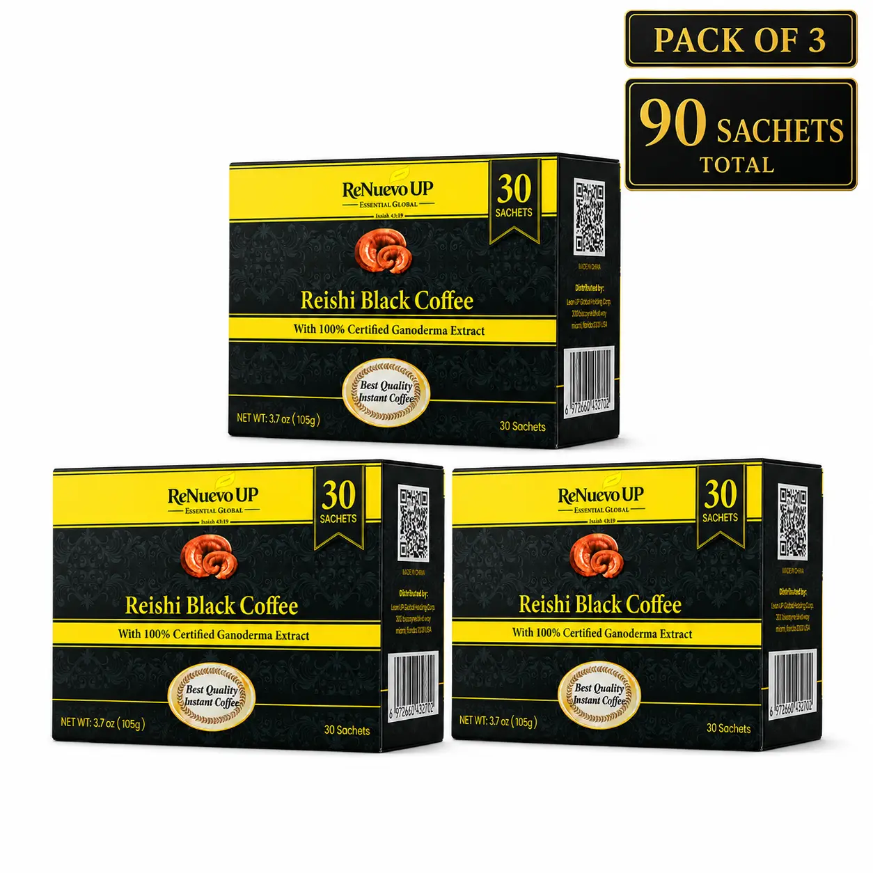 ReNuevo UP Ganoderma Reishi Black Coffee, Instant Mushroom Coffee Pack of 3, 90 Single-Serve Sachets, 11.1 oz (315 g)