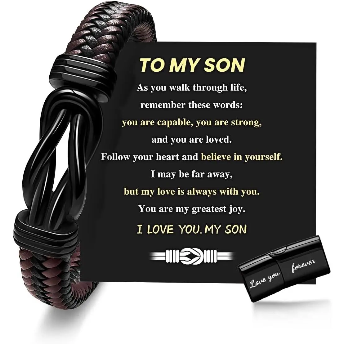Men's Infinity Knot Cuff Bracelet - Black Braided Leather with Stainless Steel Engraved Charm, Commemorative Gift for Husband (7.5-9 in) for Anniversary, Father's Day, Rugged Look Accessory with "To My Husband-Eternal Love" Engraving, Male, 7.5 Inches