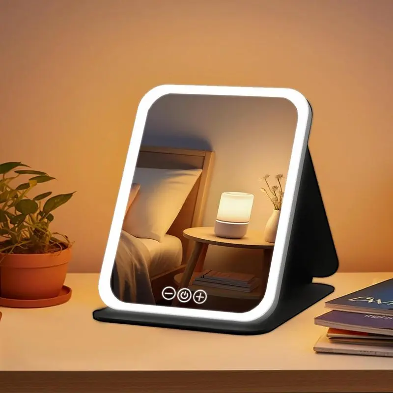 Adjustable Modern 3-Color Dimmable Light LED Touch Screen USB Charging Foldable Tabletop Makeup Mirror - 600mAh Lithium Battery, Polished Plastic Surface, Glass, Battery Operated, Ideal for Travel & Home Use (Home/Bathroom Supplies Gadget), Rechargeable
