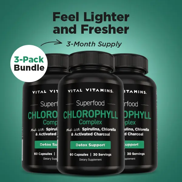 Vital Vitamins Chlorophyll Supplement Bundle – 3-Month Supply – Body Deodorizing Capsules with Spirulina, Chlorella, Parsley, Mint & Activated Charcoal – For Women & Men – 180 Capsules