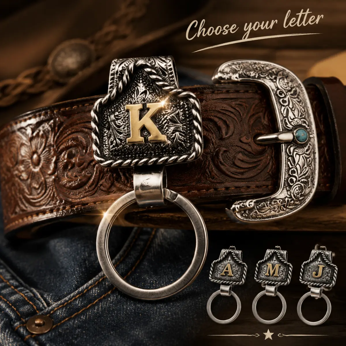 Handmade Cow Tag Belt Key Holder with Initial, Personalized Western Cowboy Keychain for Men & Women, Custom Letter Ranch Style Keyring for Keys, Bags & Gifts