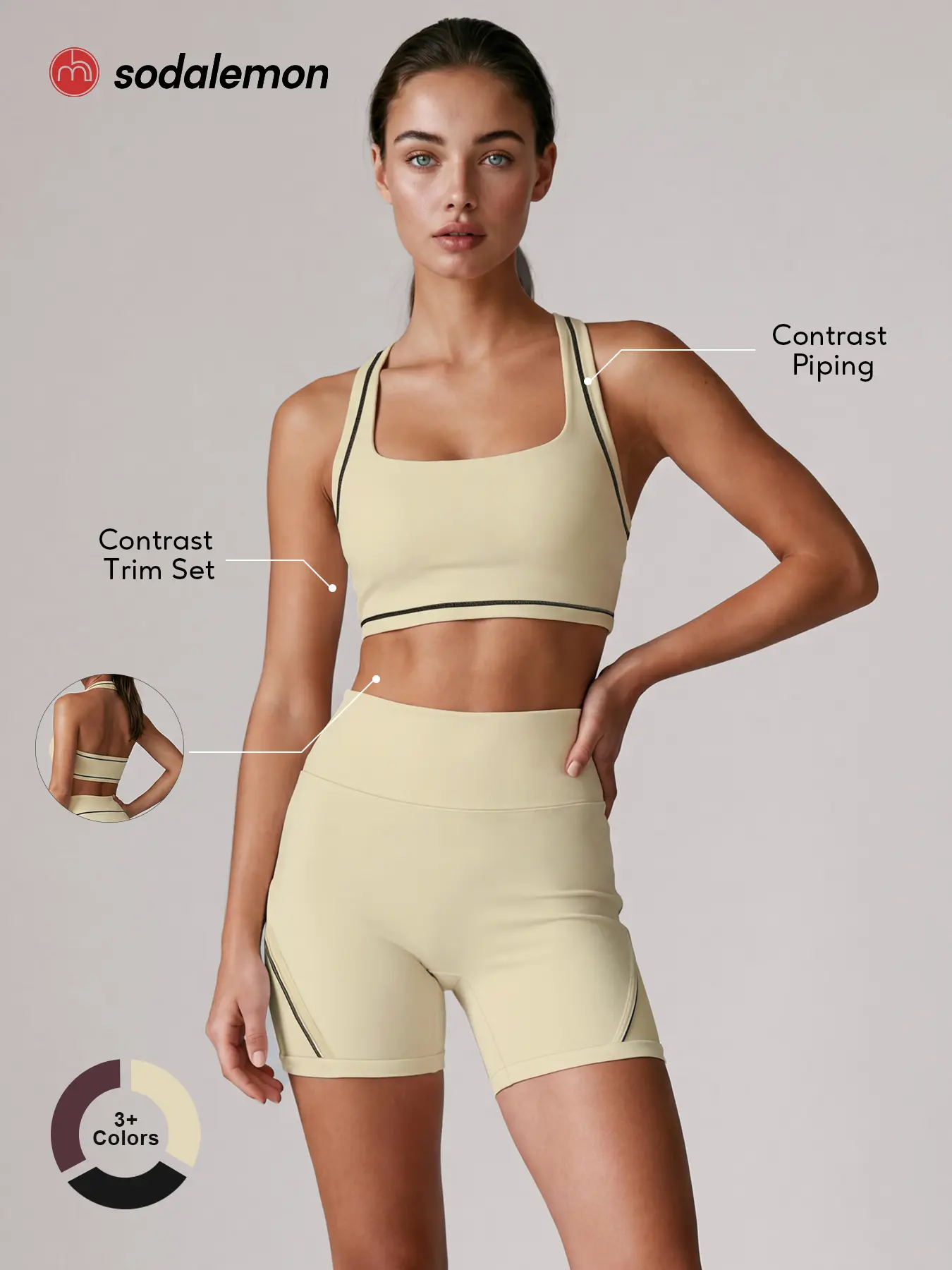 Sodalemon Women Contrast Piping Halter Sports Bra and High Waisted Biker Shorts Set, Two Piece Yoga Workout Outfit, Outdoor Pilates Fitness Activewear
