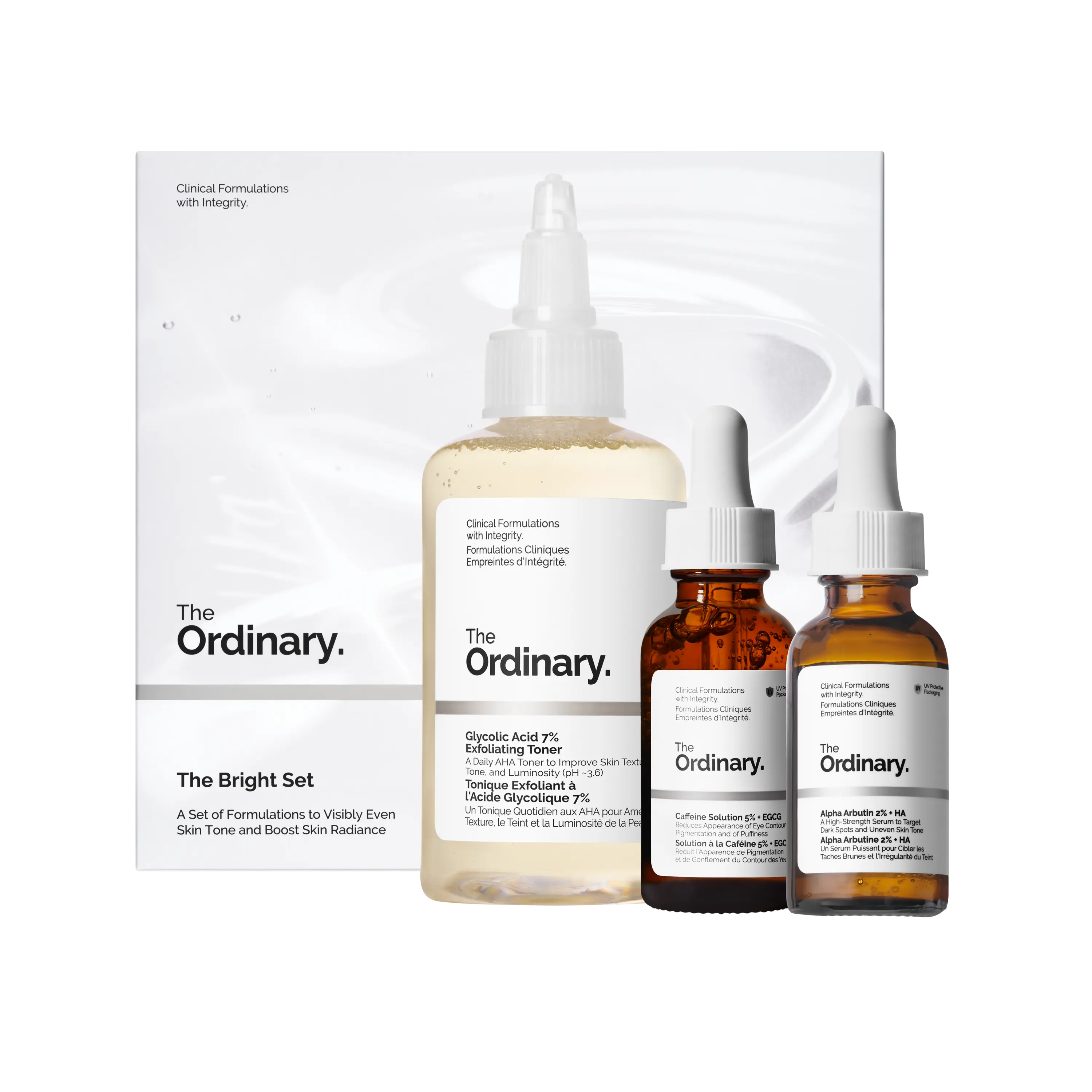 The Ordinary The Bright Set, 3-Step Regimen for Radiant, Even Skin Tone with Glycolic Acid 7% Exfoliating Toner, Alpha Arbutin 2% + HA, and Caffeine Solution 5% + EGCG | Skin Care Set