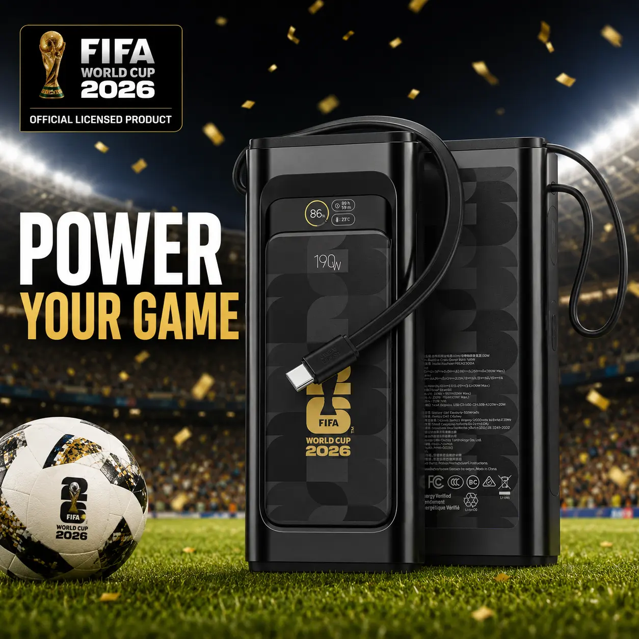 FIFA World Cup 2026 Compact 190W Laptop Power Bank with Built-in Cable, 20000mAh 2-Port Smart Display, TSA Approved Charger for Laptops, MacBook, iPhone 17/16, Galaxy, EDC Gear for On-the-Road Electronics Accessories