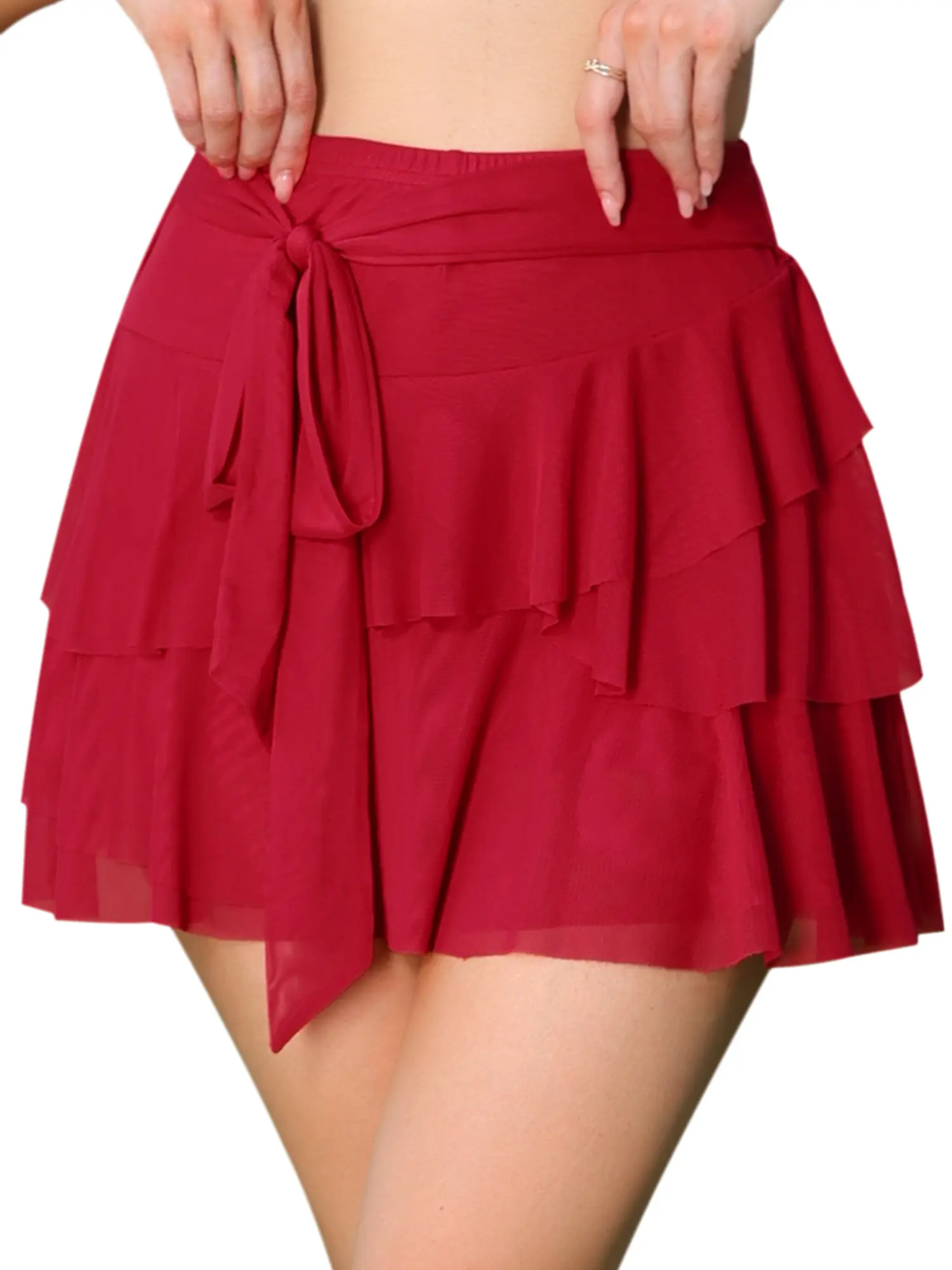 INSPIRE CHIC Flowy Mini Skirts Women's Mesh Layered Ruffled Hem Elastic Tie Waist Tiered Cheeky Short Skirt