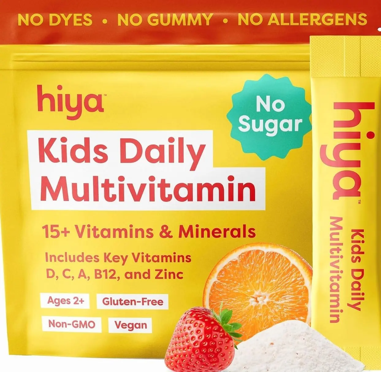 Hiya Kids Multivitamin – 15+ Essential Vitamins & Minerals with Fruits & Veggies for Ages 2+, Supports Growth, Development & Immune, 0g Sugar – 20 Stick Packs for Toddlers & Kids