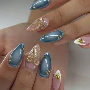 24pcs Short Almond Press-On Nails French Bow Blue Gradient Medium Almond Nail Set, Includes Jelly Glue and Nail File, Nail Art