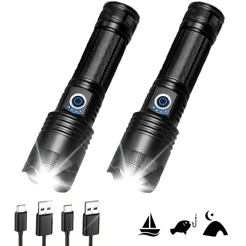 2PCS Rechargeable Strong Flashlight, 9000 Lumens High Brightness XHP50.2 LED 2 Pack, 5 Modes for Various Lighting Needs, Water-Resistant USB Handheld Flashlights