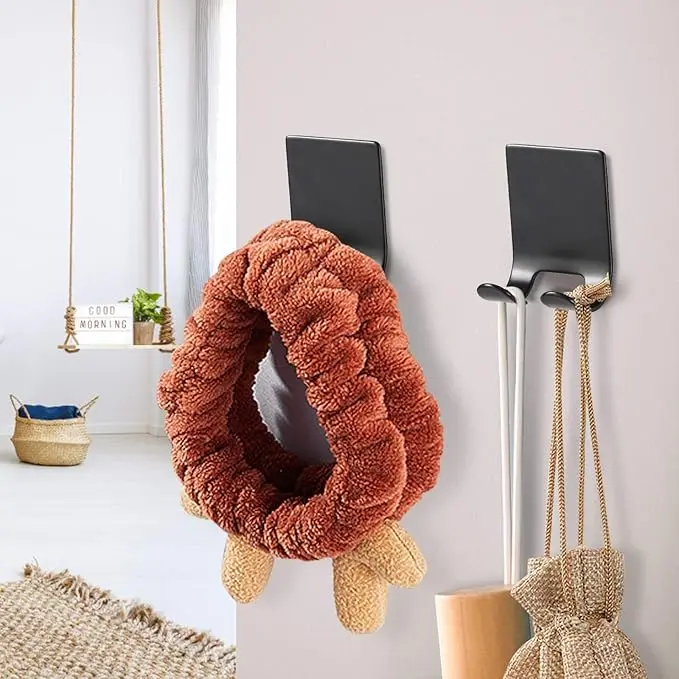 Razor Holder Shaver Hook Hanger Stand Caddy Self Adhesive Stick on Hook Heavy Duty Stainless Steel Phone Holder for Shower, Tools for Hanging Washcloth Towel Loofah for Bathtub Wall, Black