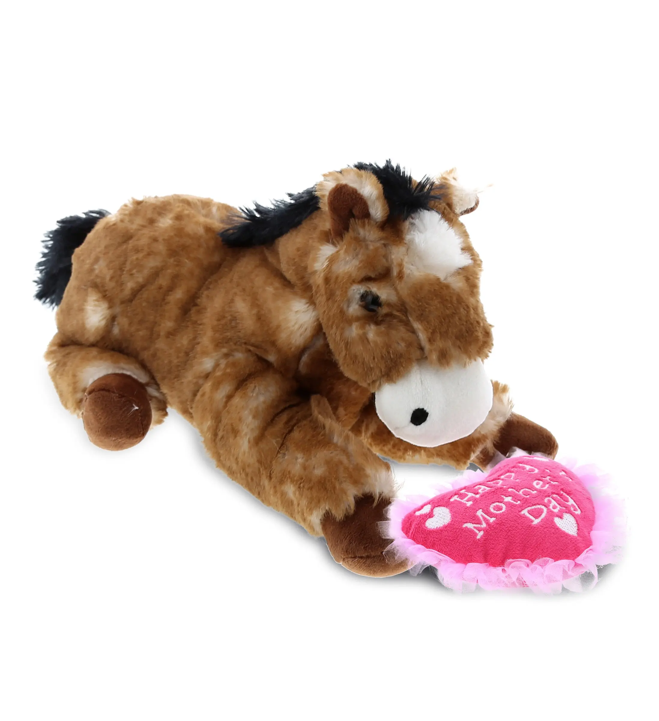 DOLLIBU 6" Tall Brown Heart-Shaped Lying Stuffed Horse Toy - Super Soft Fur, Hypoallergenic, Realistic Features, Unisex Motherhood Gift, Step Mom Present, All Year Round Use, Ages 0+, Bed Stand Decor, Brown Galloping Horse Alternative Pillow