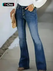Women's Flared High Waist Plain Button Pocket Leg Jeans, Casual Bell Bottom Trousers for Daily Wear, Ladies Bottoms for All Seasons, Womenswear