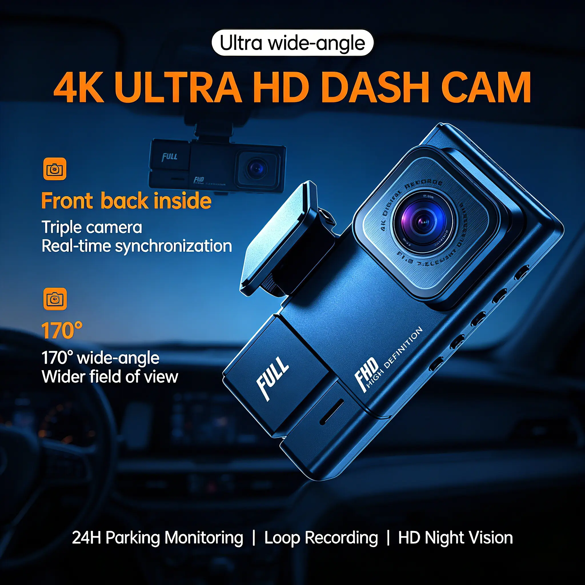 HD Dash Cam with Triple Lens, 1080P Front and Rear Car Recorder, 2160P Video, 170-Degree Wide Angle, Night Vision, WiFi APP Remote View, Motion Sensor, Collision Lock, Auto Loop Recording, 24H Parking Guard, Dashcam Dashcam Vehicle Dashcams For Cars