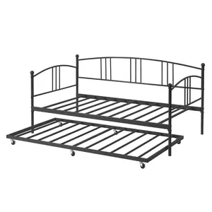 Twin Metal Daybed with Trundle, Twin Size Daybed Frame with Pullout Trundle 6 Casters, Steel Slat Support Guest Sofa Bed for Living Room, Bedroom, Apartment, No Box Spring Needed