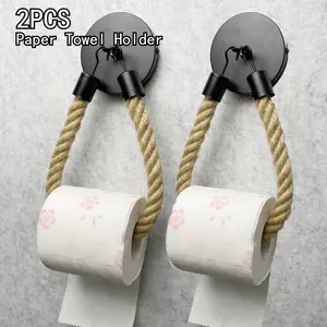 2pcs Bathroom Office Hemp Rope Tissue Holder Towel Hook Shelf Toilet Paper Holder Hook