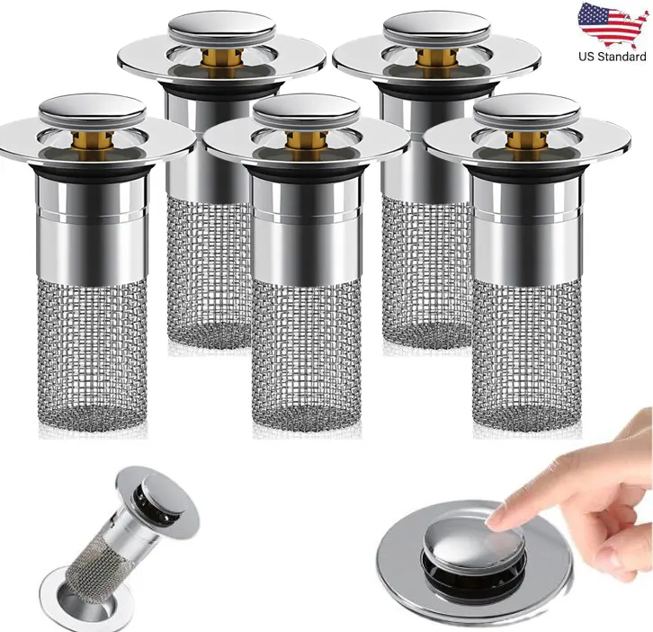 Stainless Steel Pop-Up Sink Drain Stopper With Brass Bouncing Core, Built-In Hair Filter Basket Easy To Clean, Multi-Size Universal Plug For Bathroom Bathtub