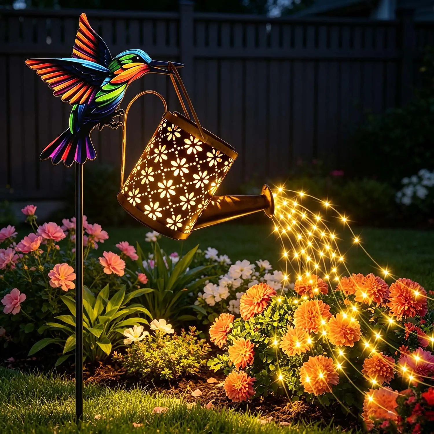 Solar Hummingbird Cutout Metal Garden Lamp - Single Unit, 22x11x12cm Outdoor Waterproof Solar Stake Light with Auto On/Off LED String Lights, 77cm Hanging Decor for yd Pathway Flowerpot, Women's Gift
