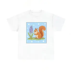 Charming Squirrel Graphic Tee with Hyacinth Animal Design Perfect for Casual Spring Cotton Top